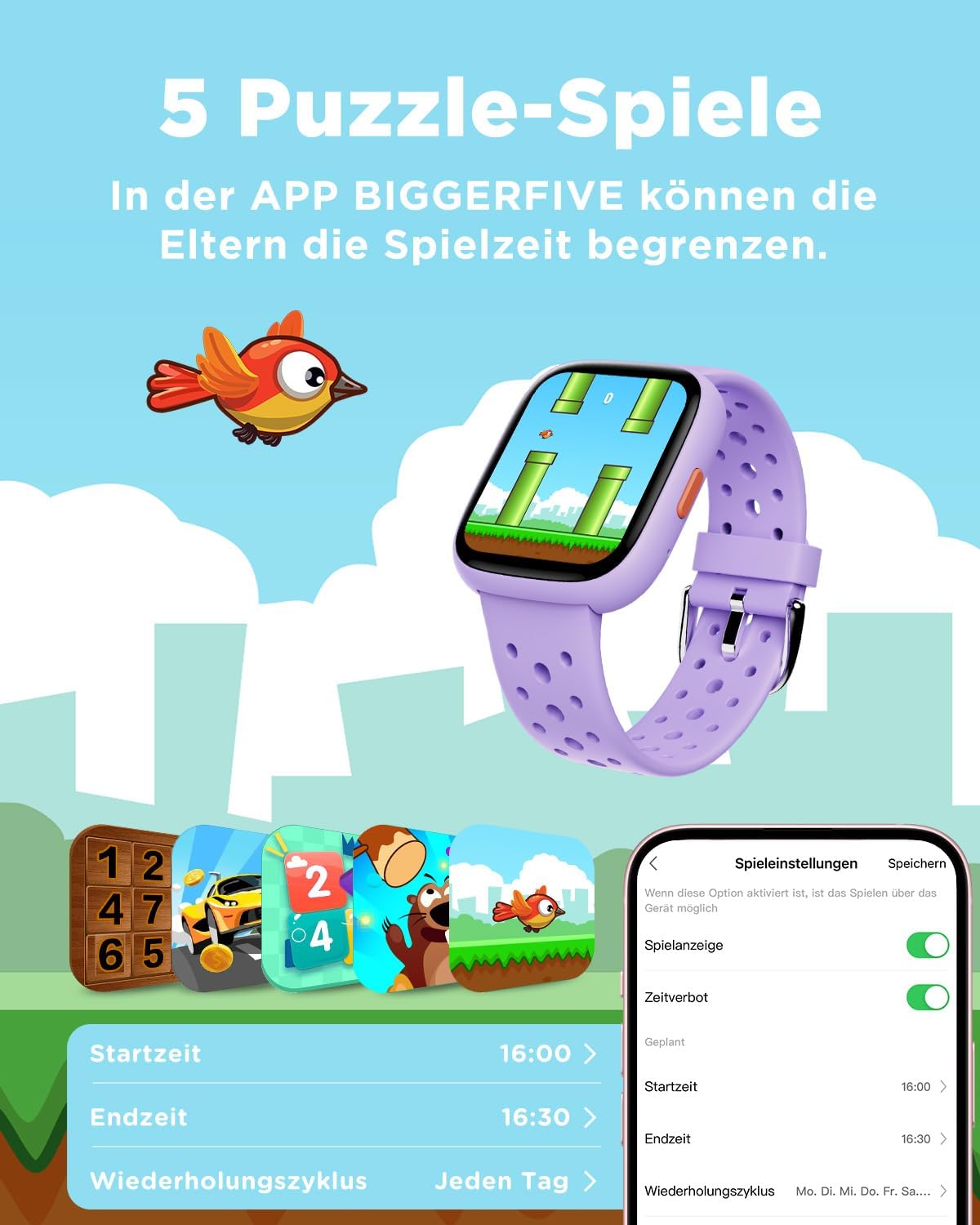 Detalle 2 de BIGGERFIVE Smartwatch Kinder – 1,8 Zoll Fitnessuhr, Schlafmonitor, IP68, Puzzlespiele, Lila