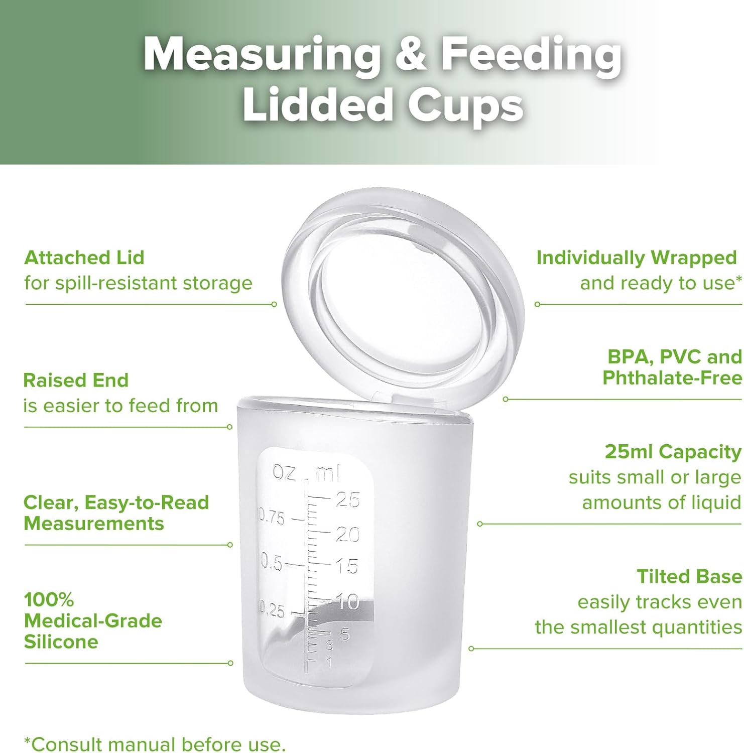 Thumbnail 3 de haakaa Lot de 2 gobelets doseurs et d’alimentation en silicone avec couvercle, pré-stérilisés, 25 ml