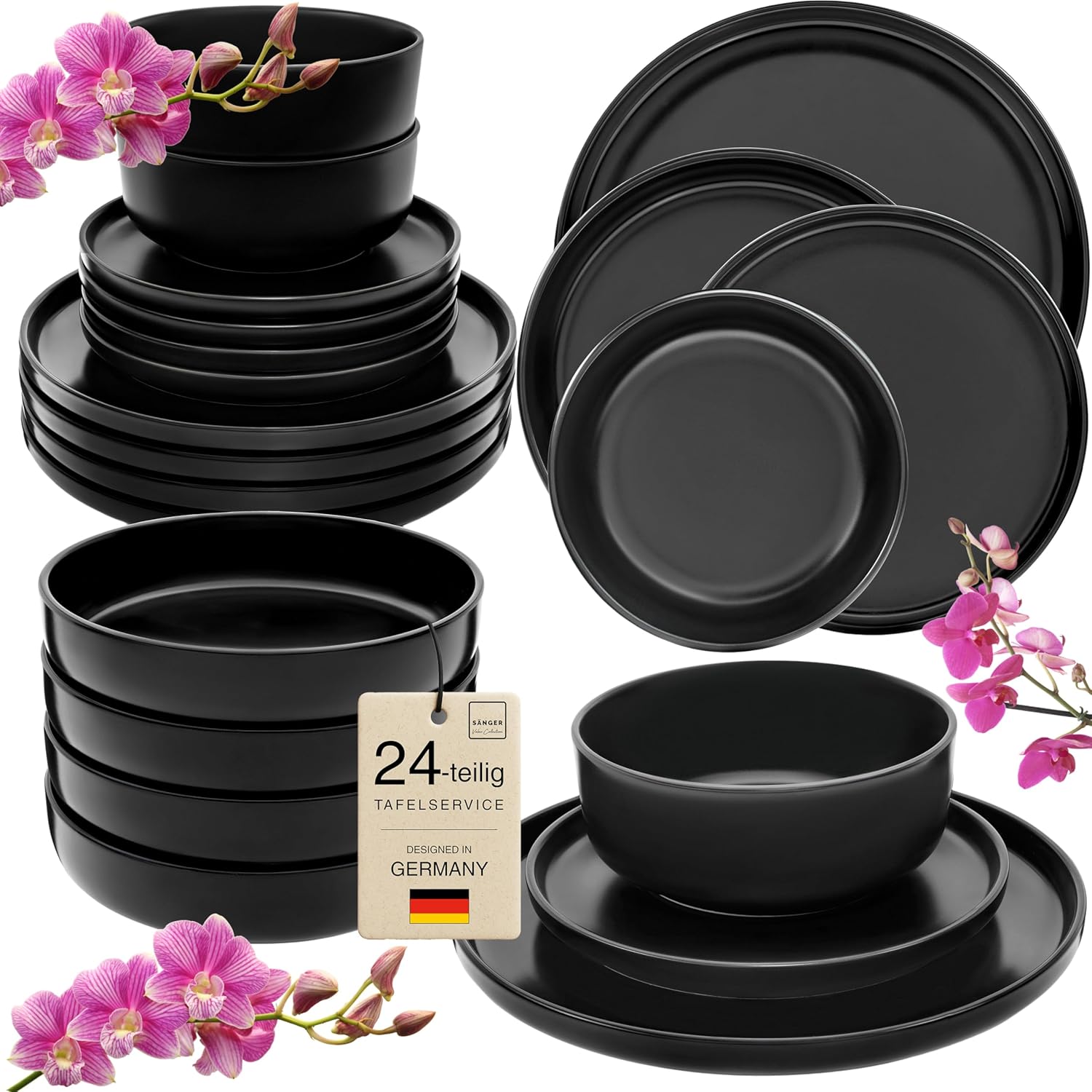 SÄNGER Madeira Tafelservice 24-teilig aus Steingut für 6 Personen – schwarz matt (VALUE COLLECTION)