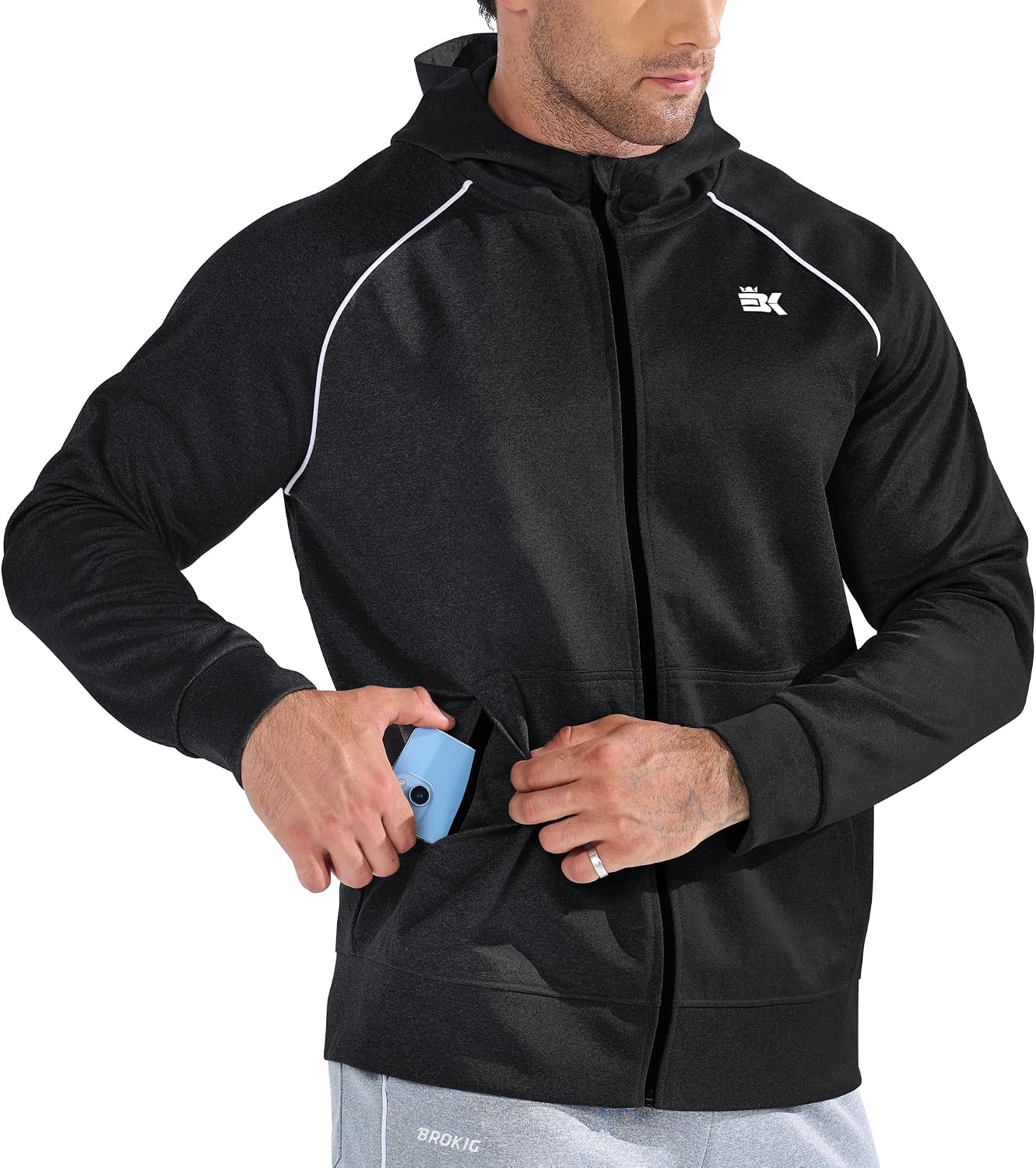 Detalle de BROKIG Mens Gym Hoodies: Zip Up Hooded Sweatshirt with Hidden Pockets