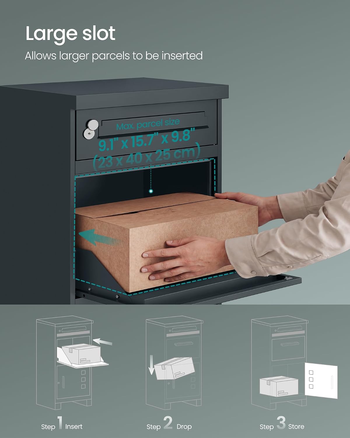 Detalle 2 de SONGMICS GMB091GZ01V1 Outdoor Parcel Box, 55 L, Dual Compartments