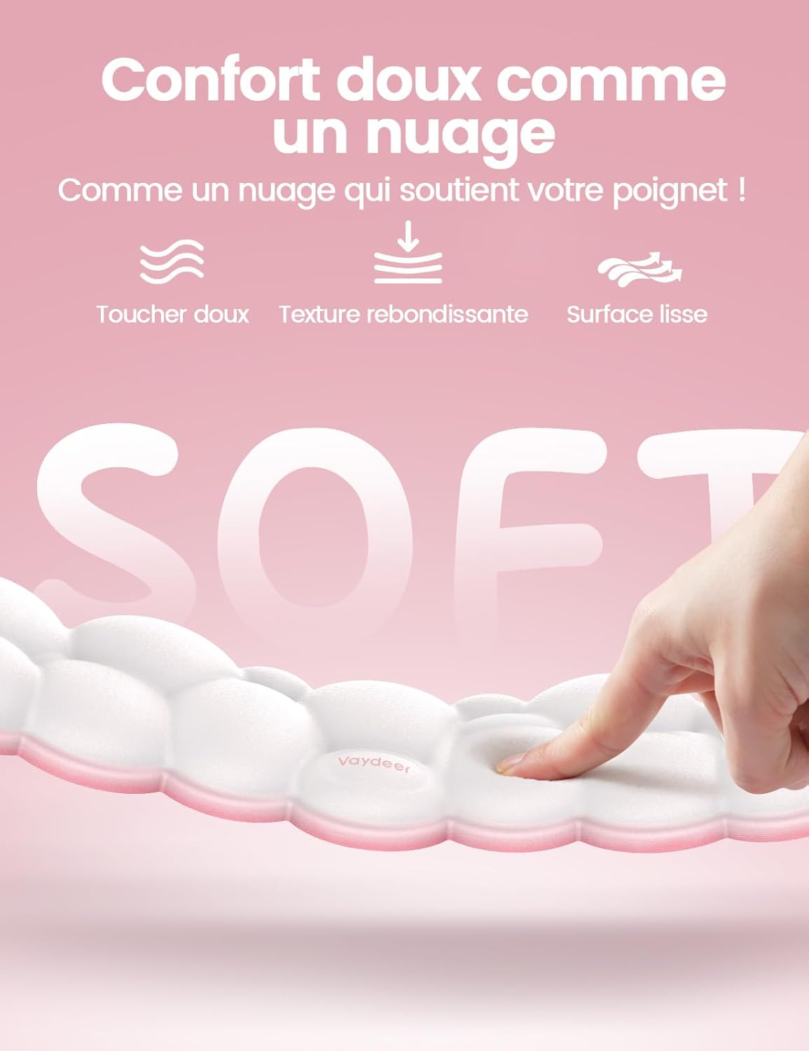Detalle 2 de VAYDEER Repose-poignet Nuage – coussin ergonomique en mousse à mémoire de forme bicolore blanc & rose