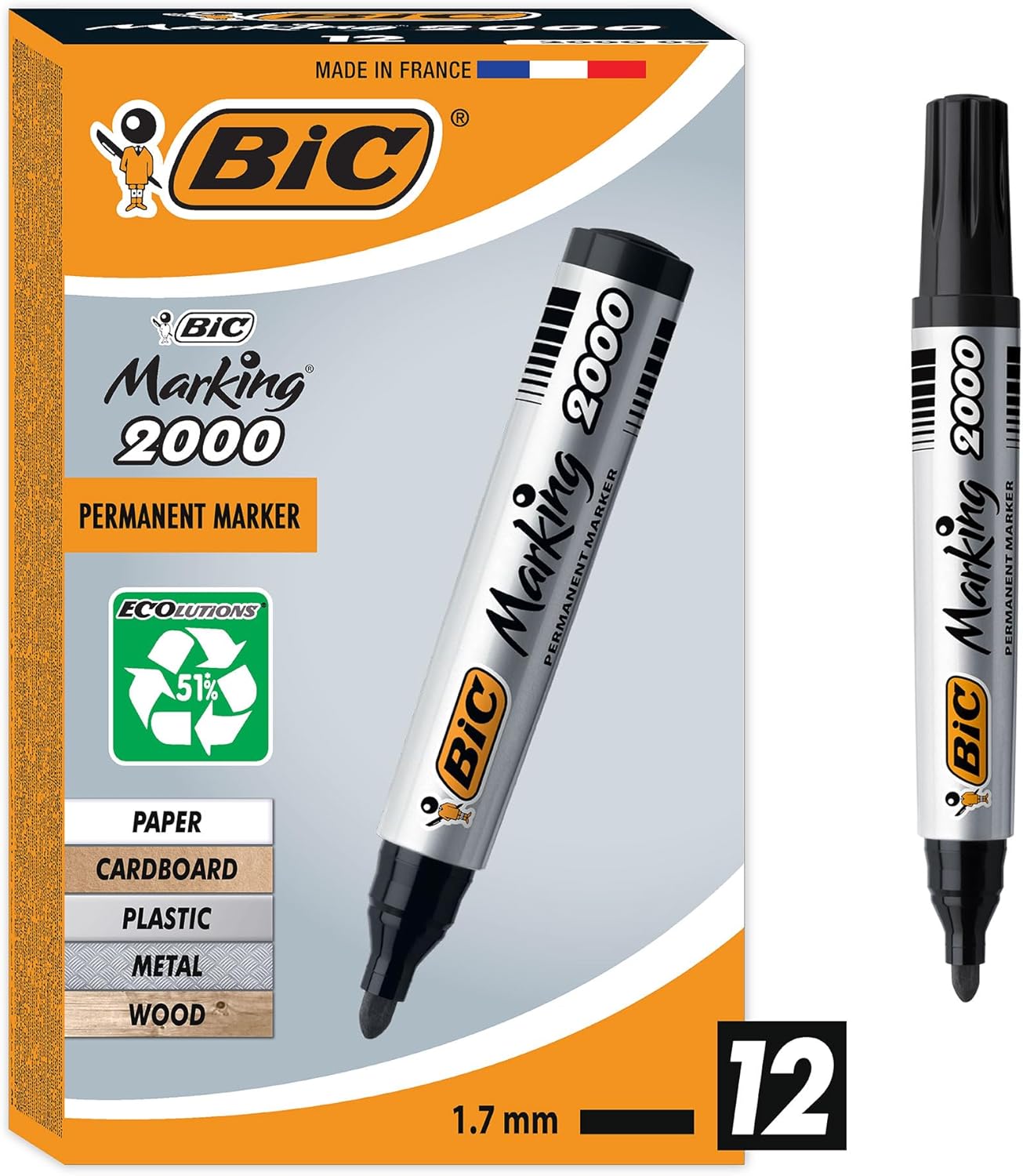 Detalle de BIC Marking 2000 Permanent Marker, 12er Pack – Schwarz, 1,7 mm Line, wasserfest