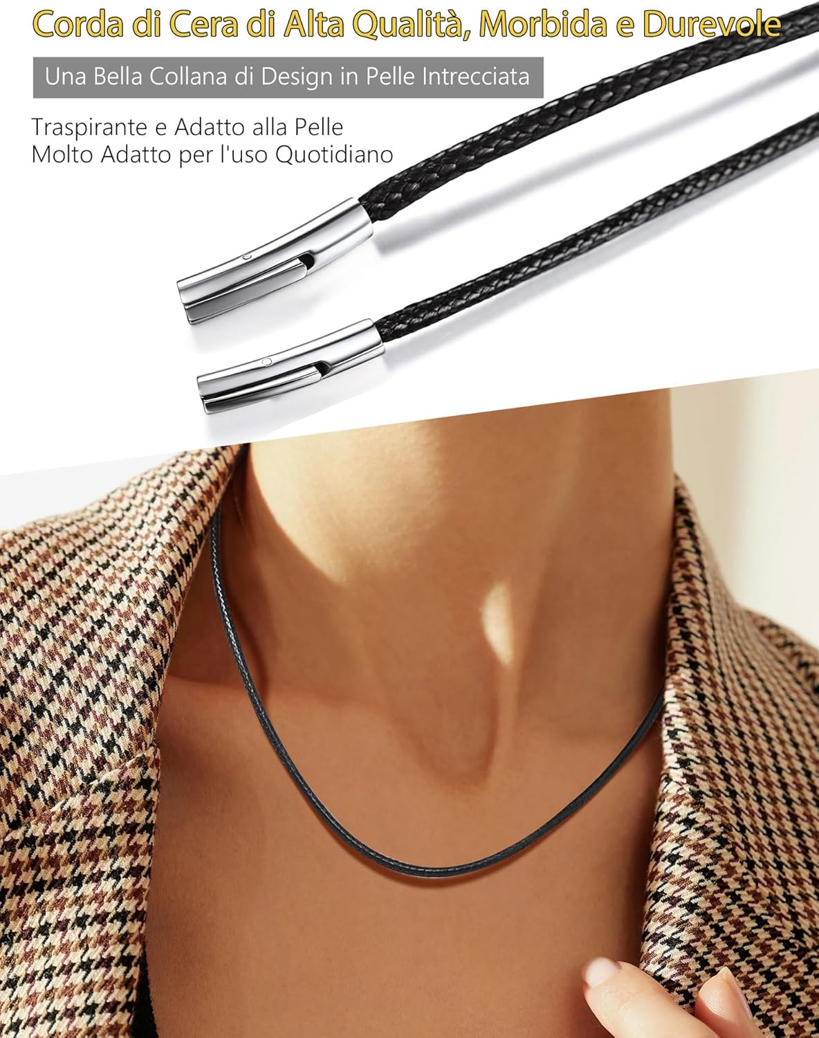 Thumbnail 5 de Collana PROSTEEL in pelle e caucciu con cordina nera impermeabile (2 mm) 41–76 cm