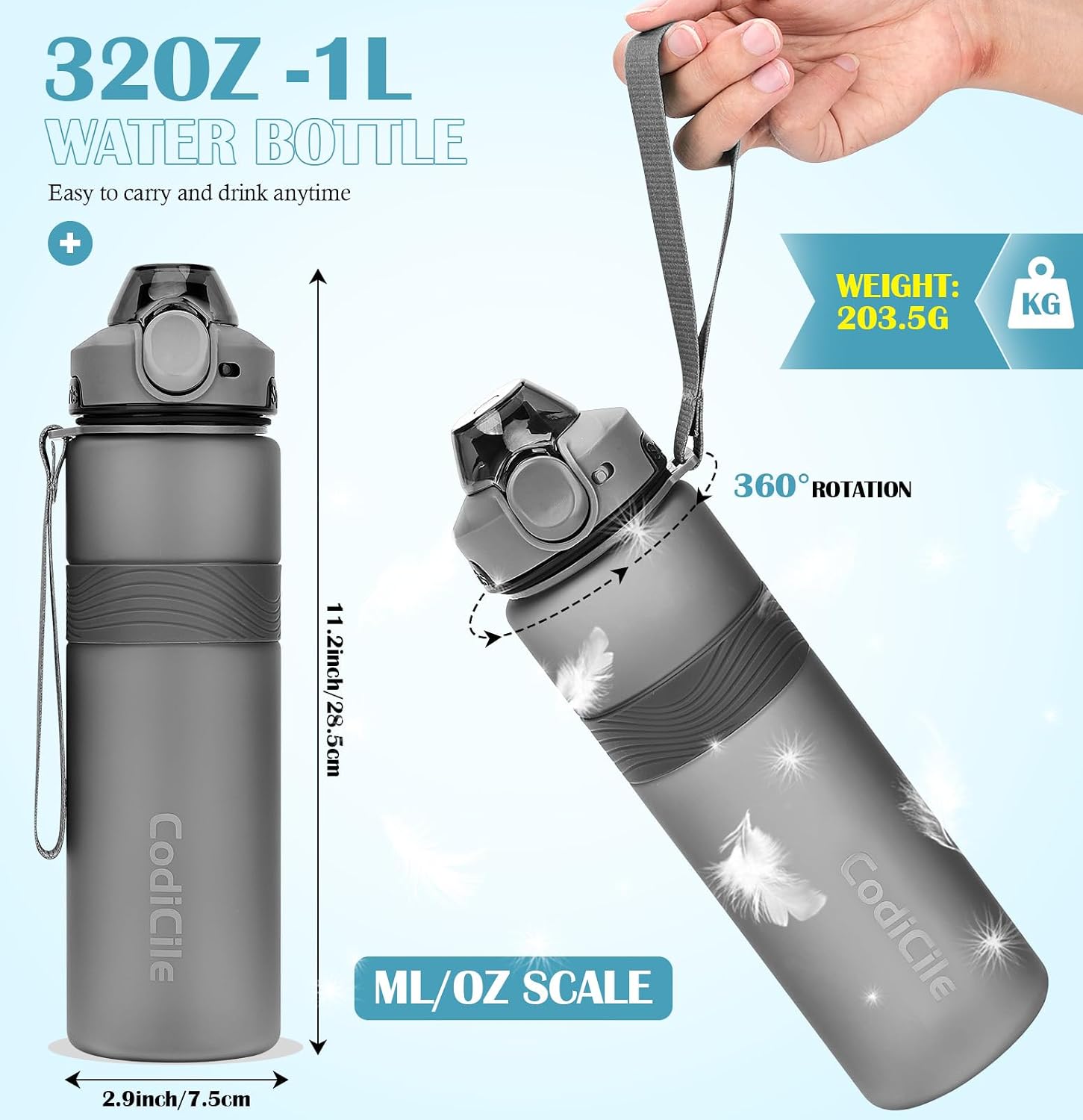 Detalle de CodiCile Water Bottle 1L – BPA Free Leak-Proof Sports Bottle (Dark Gray)