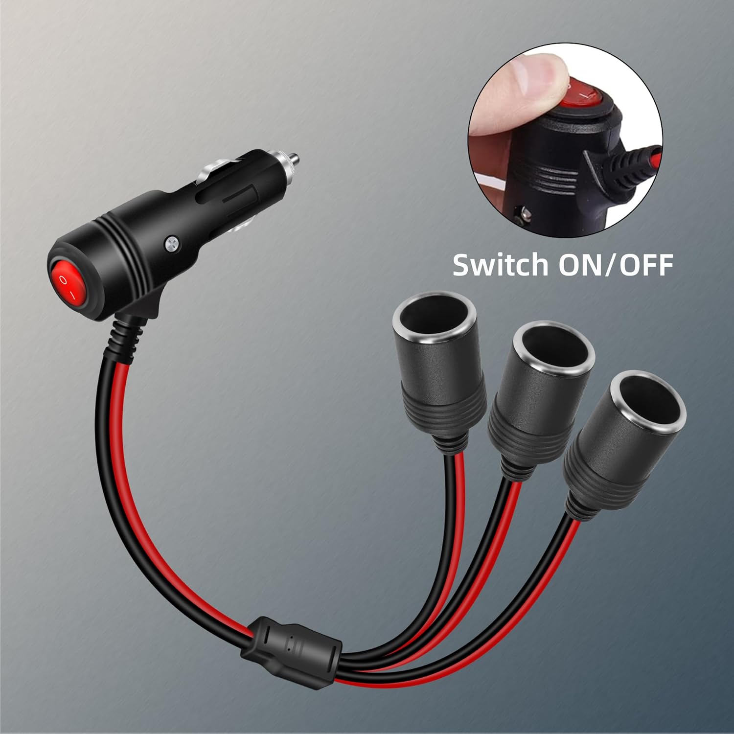 Detalle de RIIEYOCA 12v/24v Car Lighter Splitter with On/Off Switch — 1 Male to 3 Female Sockets (30cm)