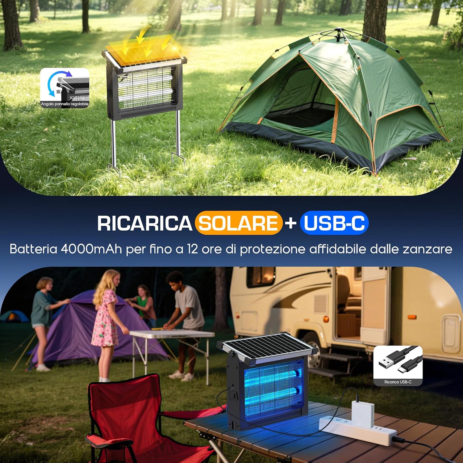 Detalle de Dnenellr Lampada Antizanzare Solare da Esterno IPX5 Nero con Pannello Regolabile, 4000mAh, USB-C e Controllo Crepuscolare