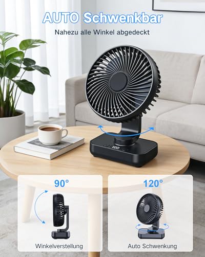 Detalle de ArsMotin Tischventilator Automatisch Oszillierend – leise, tragbar und flexibel mit 4500 mAh Akku