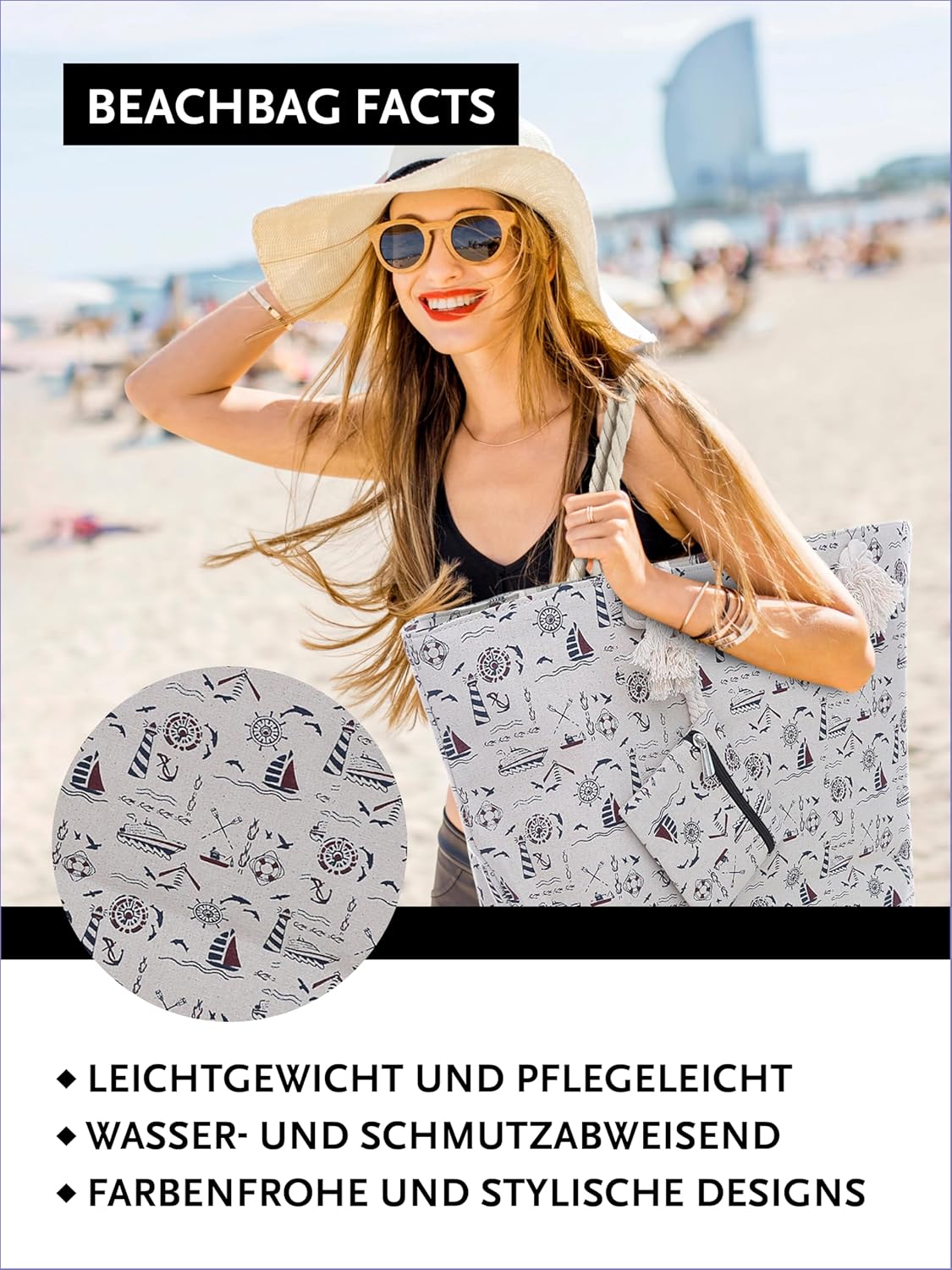 Thumbnail 3 de DonDon Strandtasche XXL mit Reißverschluss – robuste Umhängetasche & Shopper Bag für den Beach-Look