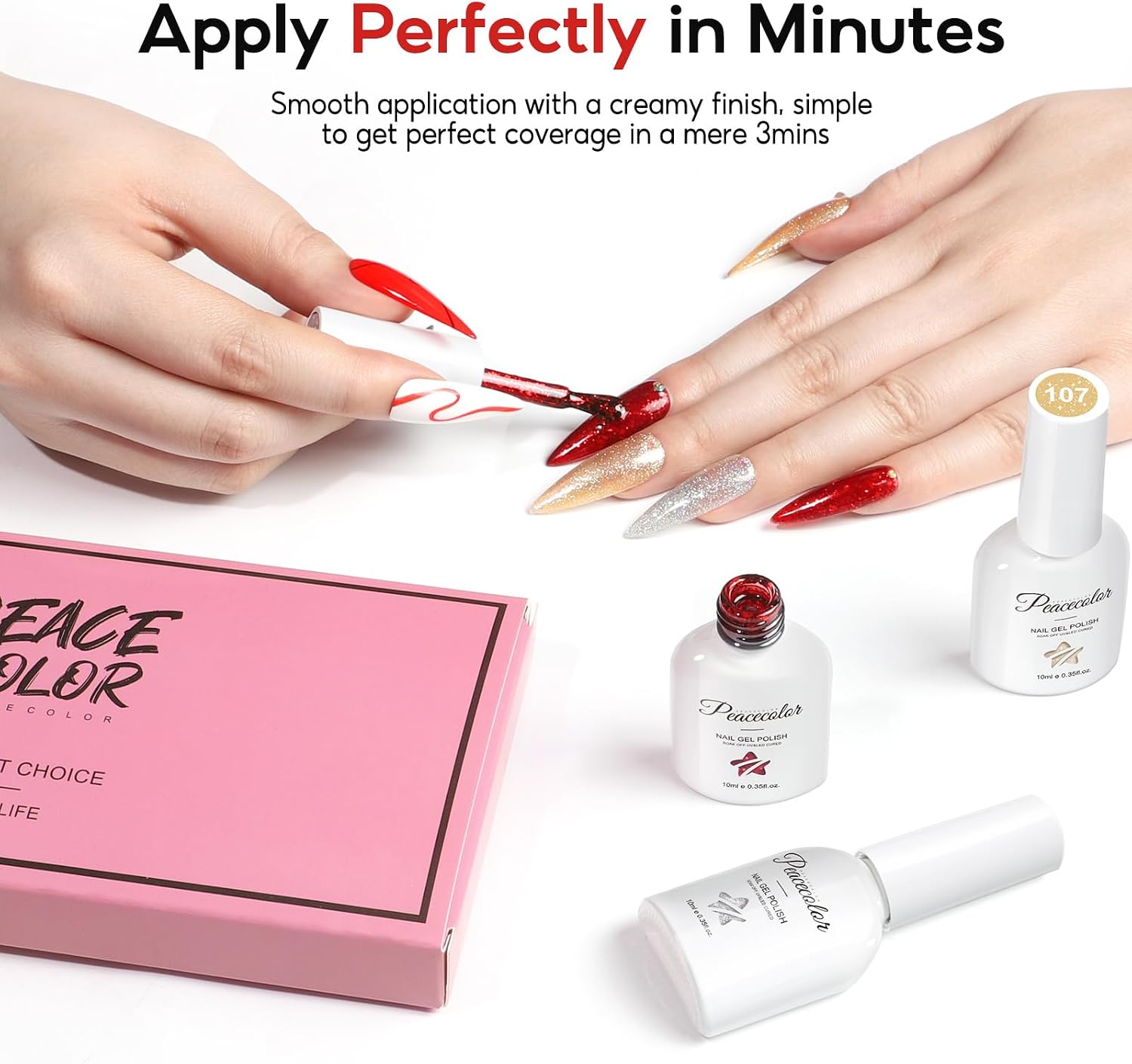 Detalle de PEACECOLOR set de vernis semi-permanent UV 6 couleurs : blanc, rouge, noir, argent et doré (10 ml)