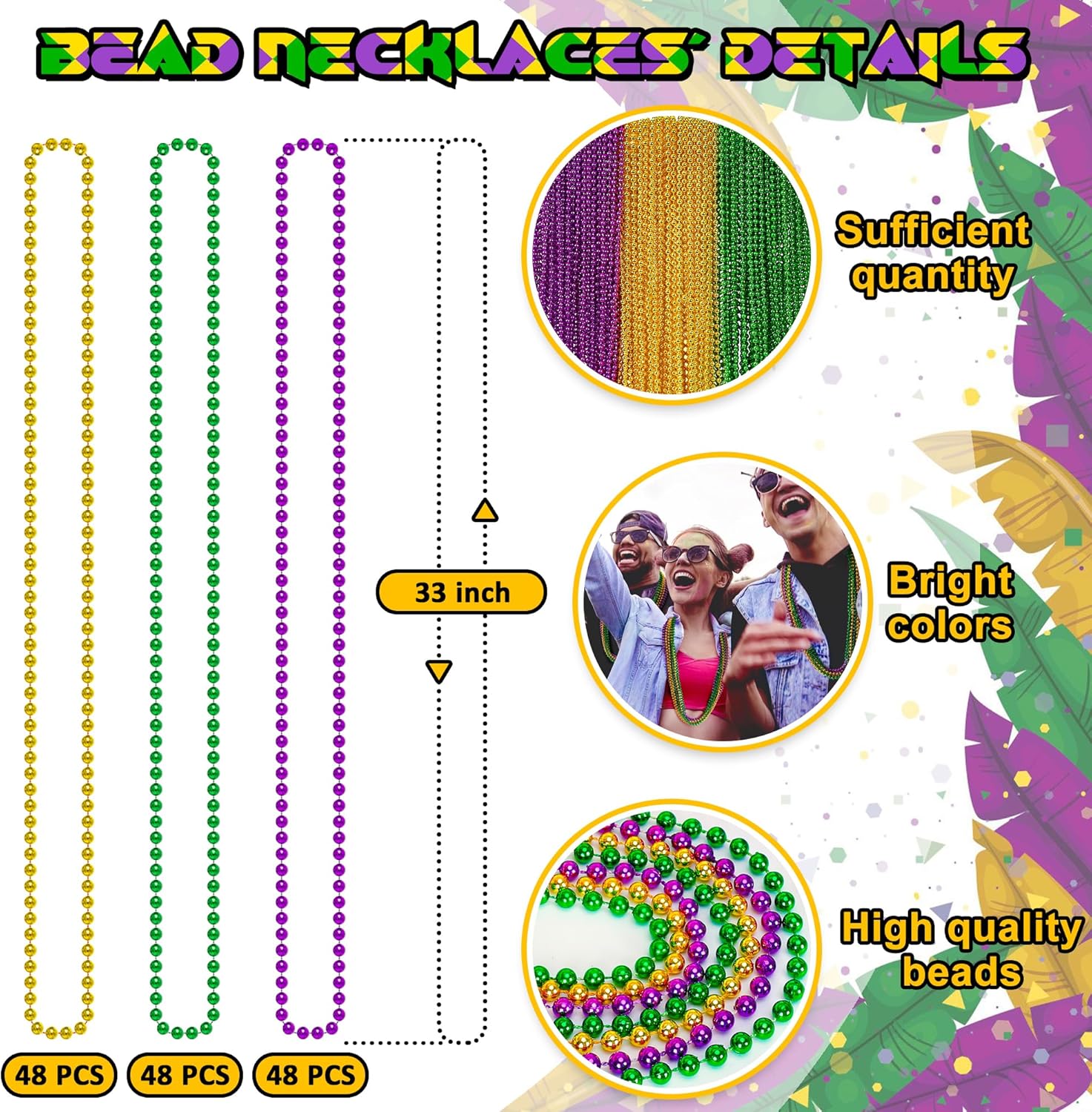 Thumbnail 1 de EOBOH 144PCS Mardi Gras Beads 33 in Necklace