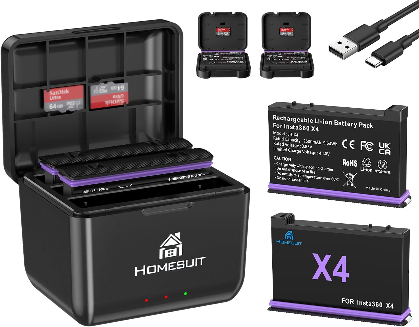 Detalle de Homesuit 2er-Pack Insta360 X4 Akku 2500 mAh + Schnellladegerät 3-Kanal – kompatibel mit Insta360 X4