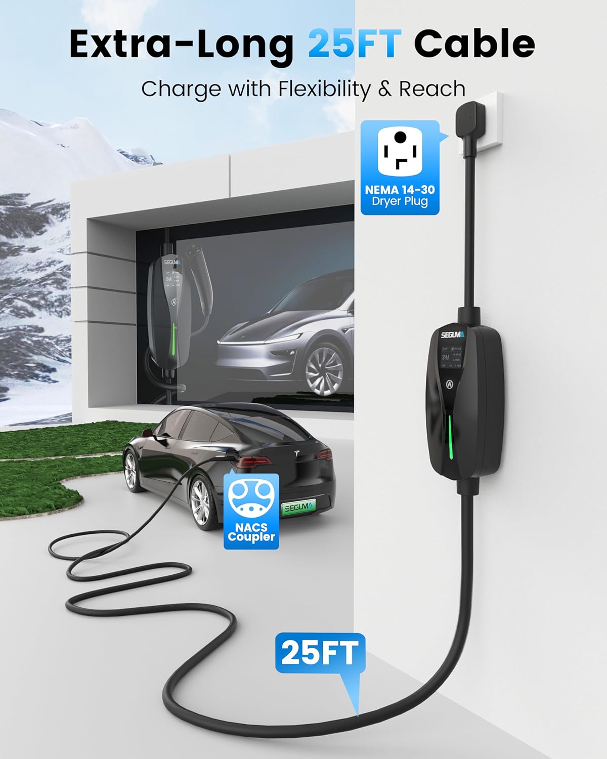 Thumbnail 2 de SEGUMA Level 2 Tesla Charger-24A 240V with NEMA 14-30, 25ft Extension Cable