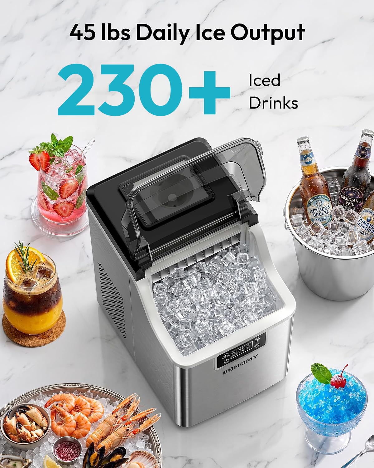 Detalle de EUHOMY IM-FP Countertop Ice Maker, 45 lb/Day, Adjustable Ice Thickness