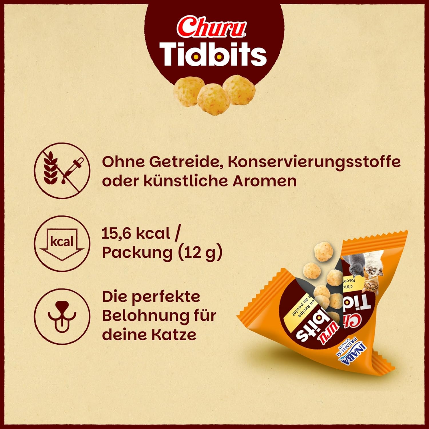 Detalle de INABA Churu Tidbits Cat Treats für kleine Katzen – Huhn, getreidefrei, zuckerfrei, 96 g