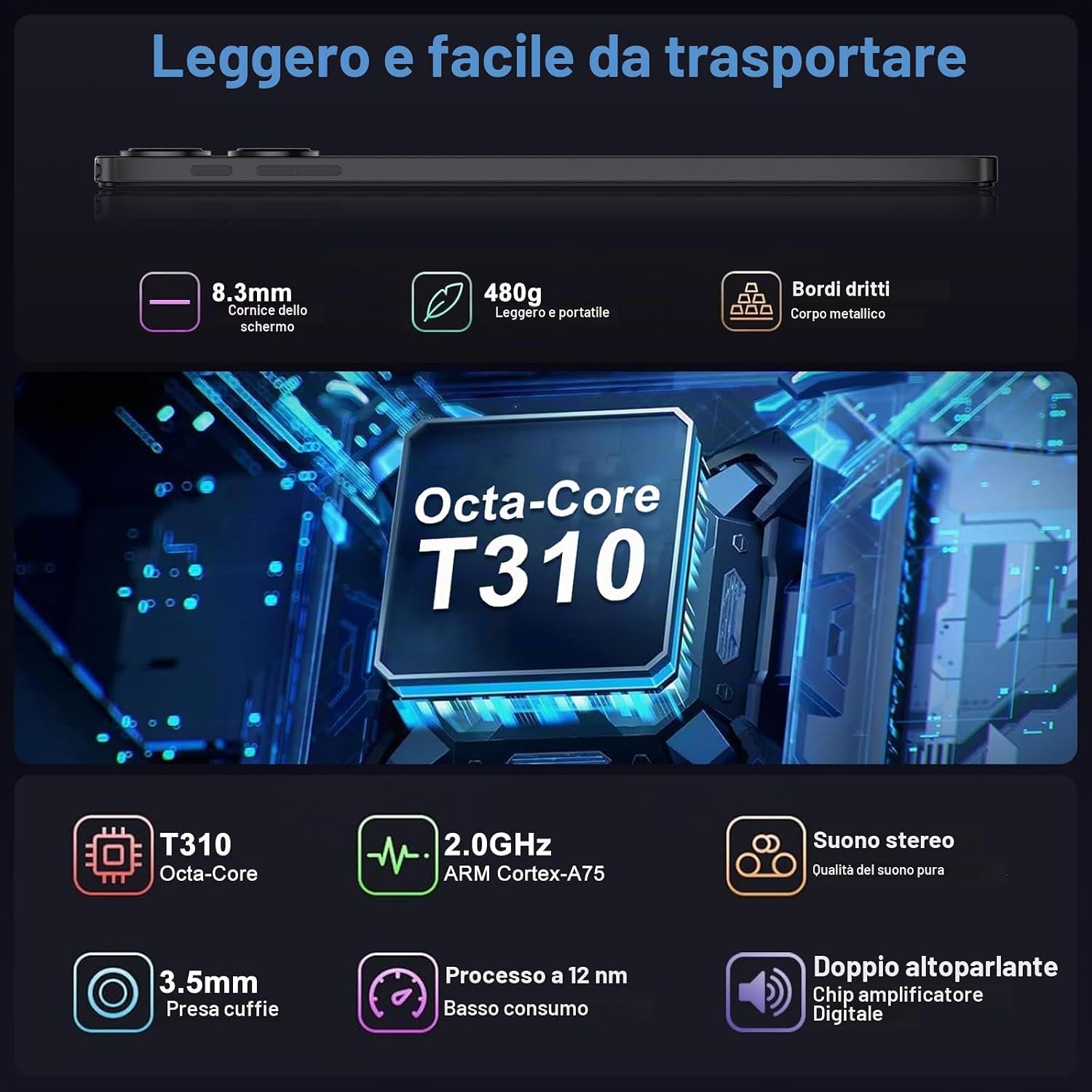 Thumbnail 3 de Android 15 Tablet 10.1" con Octa-Core 2.0GHz, 30GB RAM / 128GB ROM (espansione fino a 2TB), Gemini AI, 8000mAh, Widevine L1, 5G Wi‑Fi, Face ID, Tastiera e Mouse (Nero)