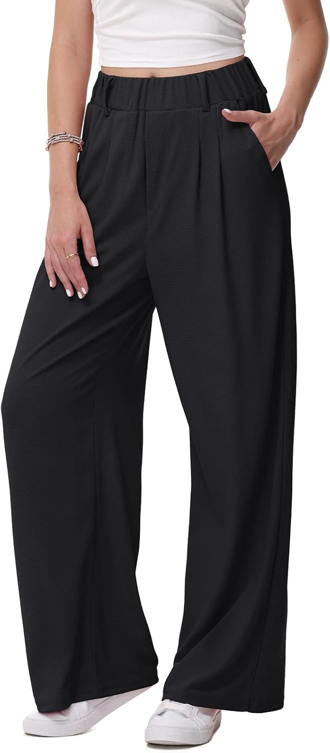 Detalle de HMIYA Weite Hose Damen – büügelfrei, leichte Palazzo Hose mit hoher Taille und Taschen