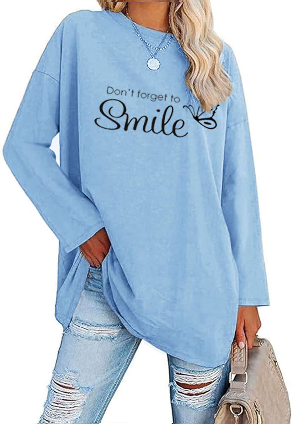 Detalle de Teesho Damen Oversized Baumwoll-T-Shirt Langarm/Kurzarm – vielseitiges Oberteil für Alltag