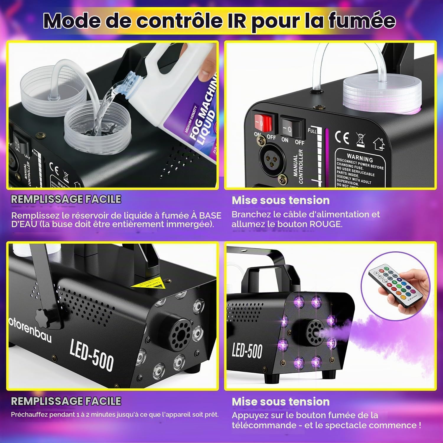 Detalle 1 de Mistmachine met 8 RGB-leds, 13 lichtkleuren, 500 W en afstandsbediening