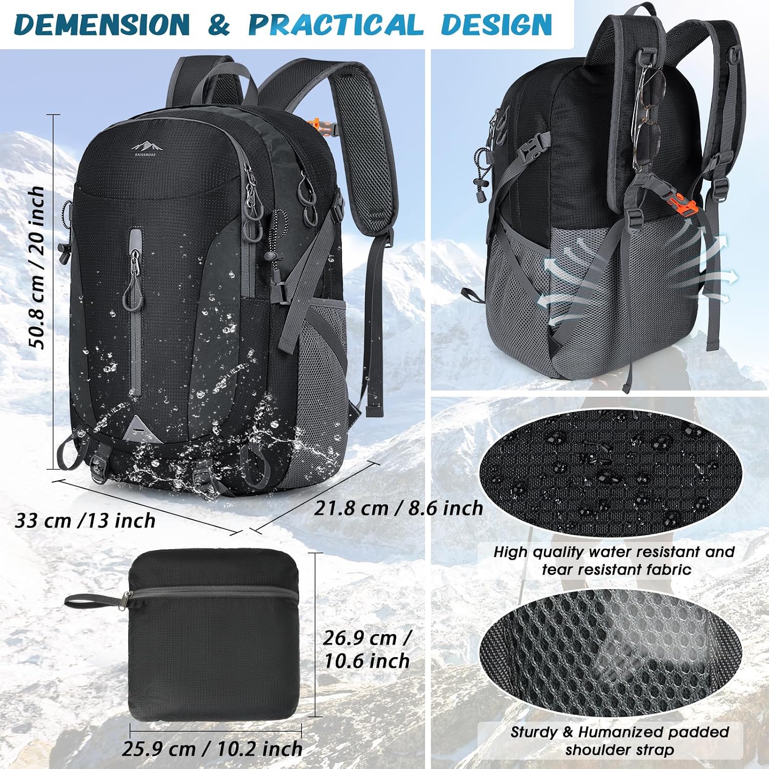 Detalle 2 de RAINSMORE Hiking Backpack 40L lightweight packable daypack