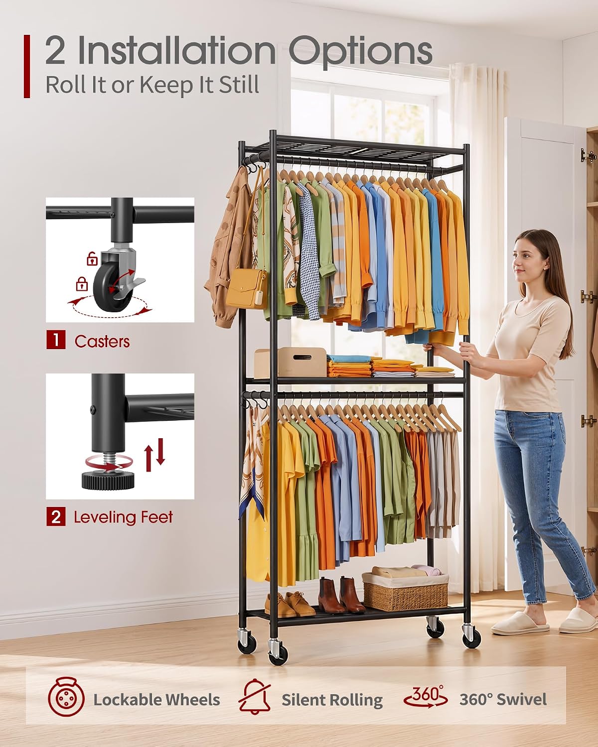 Detalle 2 de Sakugi Clothes Rack with Shelves & Wheels (Black) 33.0" x 12.2" x 79.5