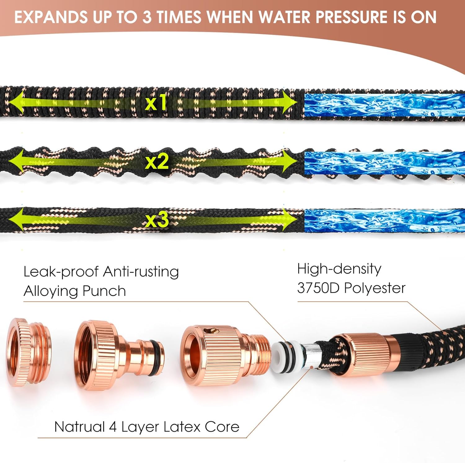 Thumbnail 3 de Expandable Garden Hose Pipe – 100ft Flexible Hose with 3/4" & 1/2" Brass Fittings and 10-Pattern Spray Gun
