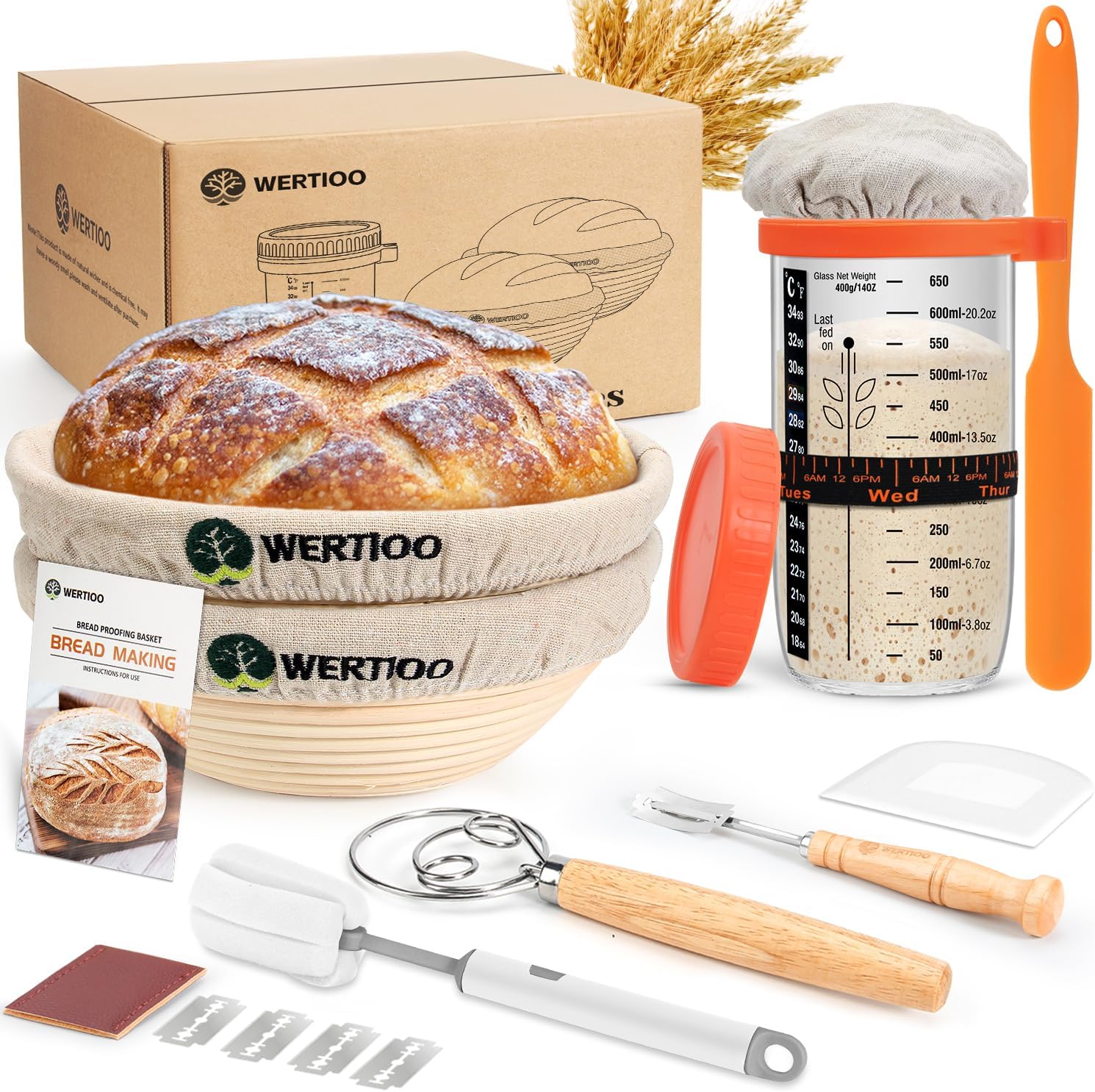 Detalle de Sourdough Starter Kit with 2 Round Banneton Baskets (9-inch) and Glass Jar — Complete Starter for Home Bread Baking