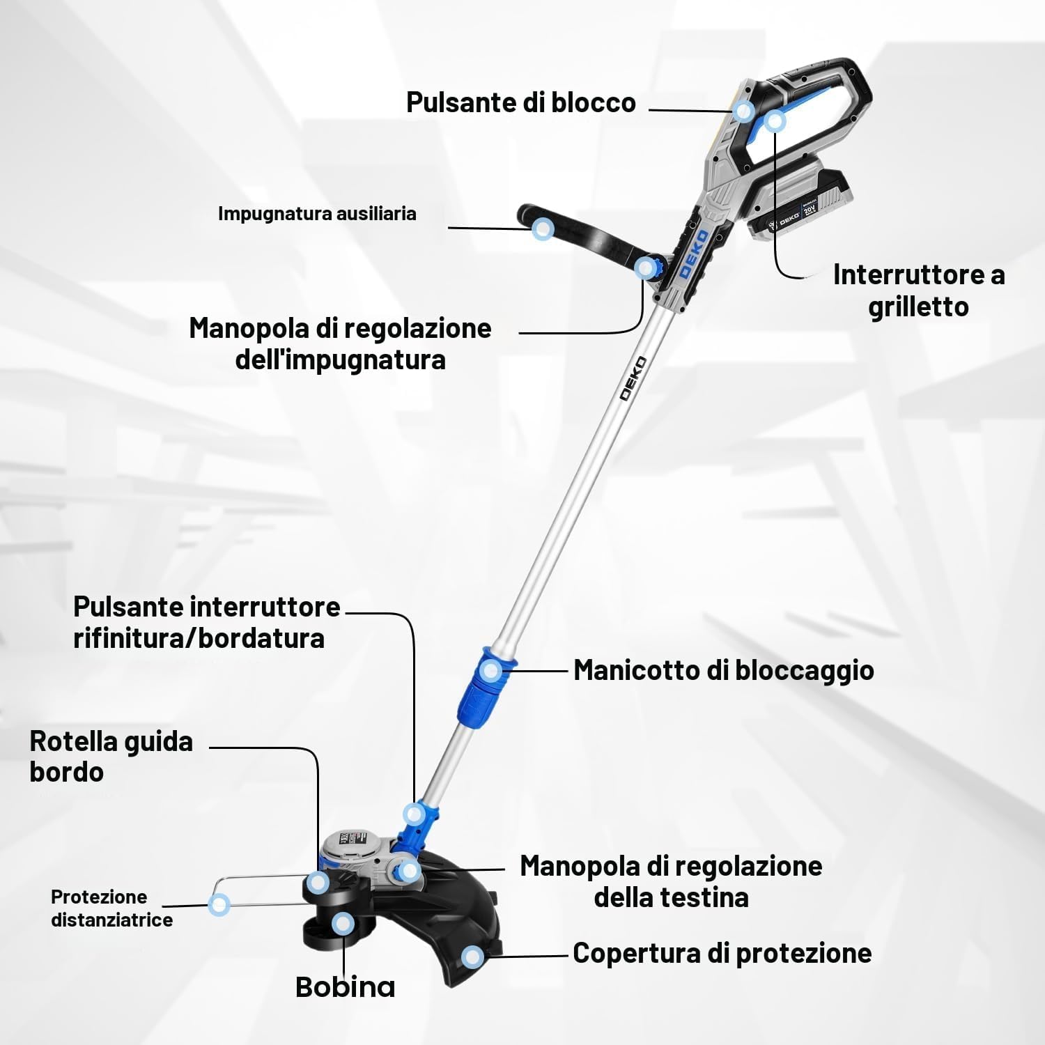 Detalle 2 de DEKOPRO 20v Tagliaerba Elettrico 2 in 1: decespugliatore e tagliaerba senza filo con 2 batterie e caricatore