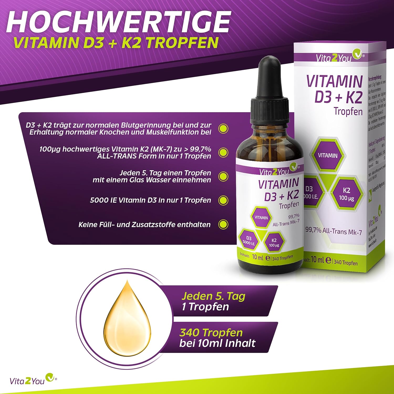 Detalle 2 de Vita2You Vitamin D3 + K2 Tropfen (K2VITAL MK-7) mit 5.000 IE D3 & 100 µg K2 pro Tropfen