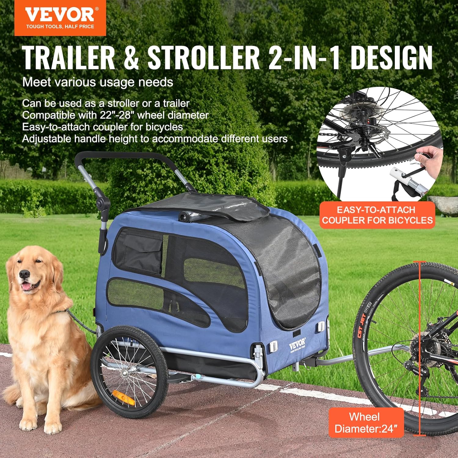 Detalle 2 de VEVOR Remorque de Vélo Chien Pliable 45 kg – 2 en 1 Poussette d'Animaux, Cadre Fer Forgé et Roues à Dégagement Rapide