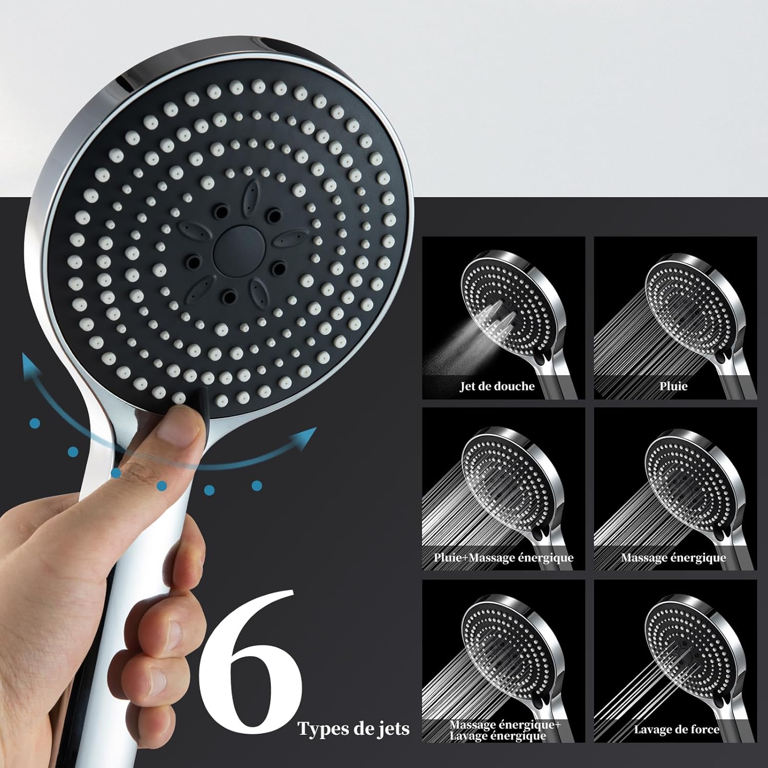 Thumbnail 2 de OFFO pommeau de douche XXL 130 mm en chrome, 6 modes de pulvérisation