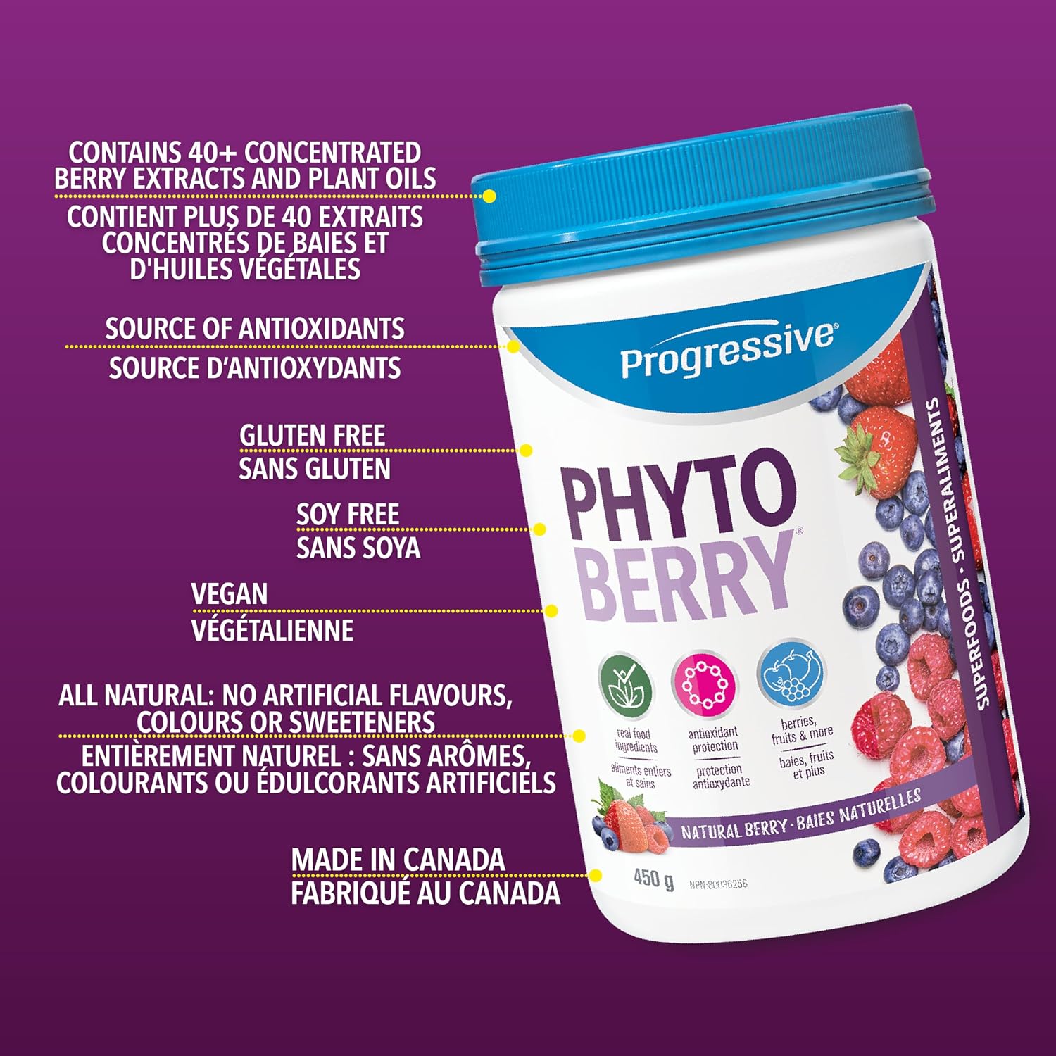 Detalle de Progressive PhytoBerry Antioxidant Powder, Natural Berry Flavour, 450 g