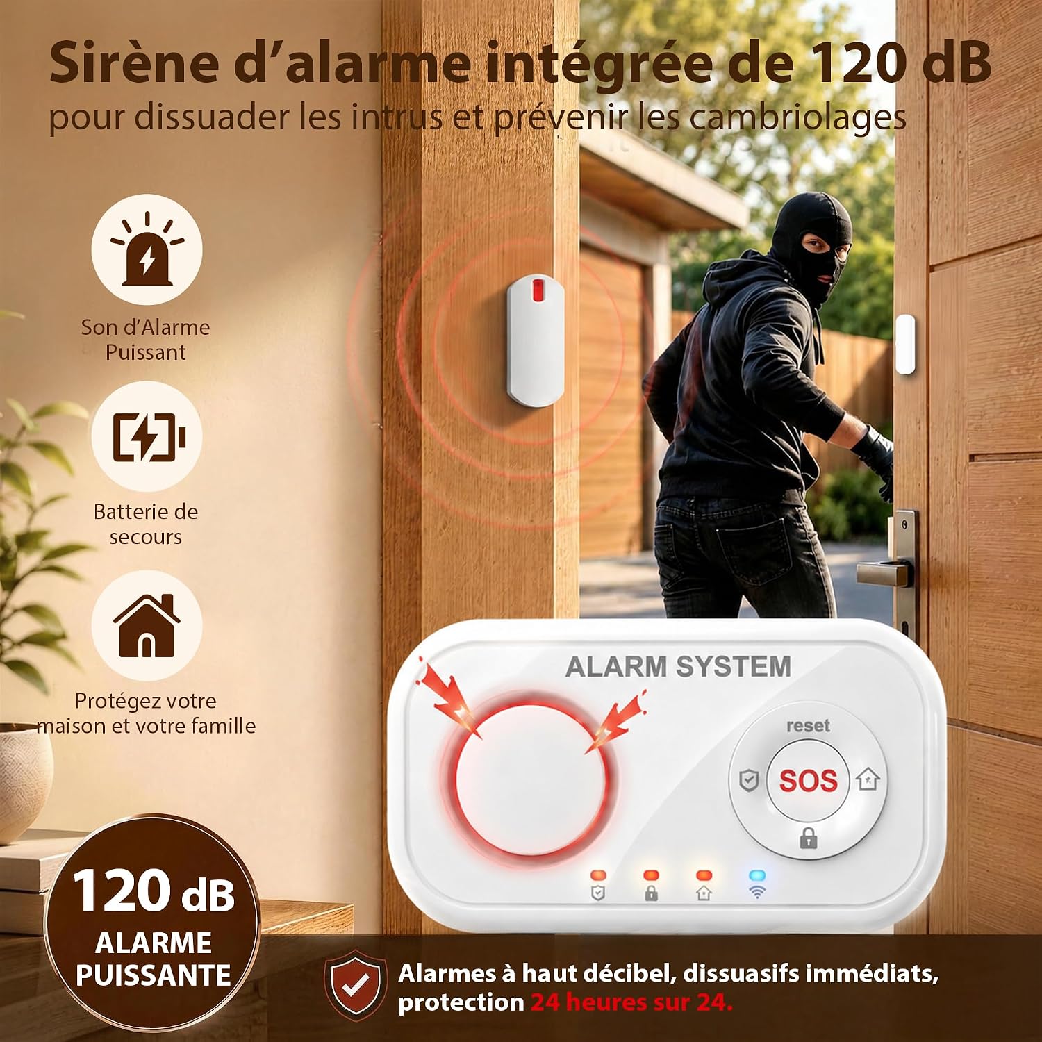 Detalle de YISEELE Alarme Maison sans Fil: Centrale 120 dB + Kit de 4 capteurs + commande – Alexa & Google Home