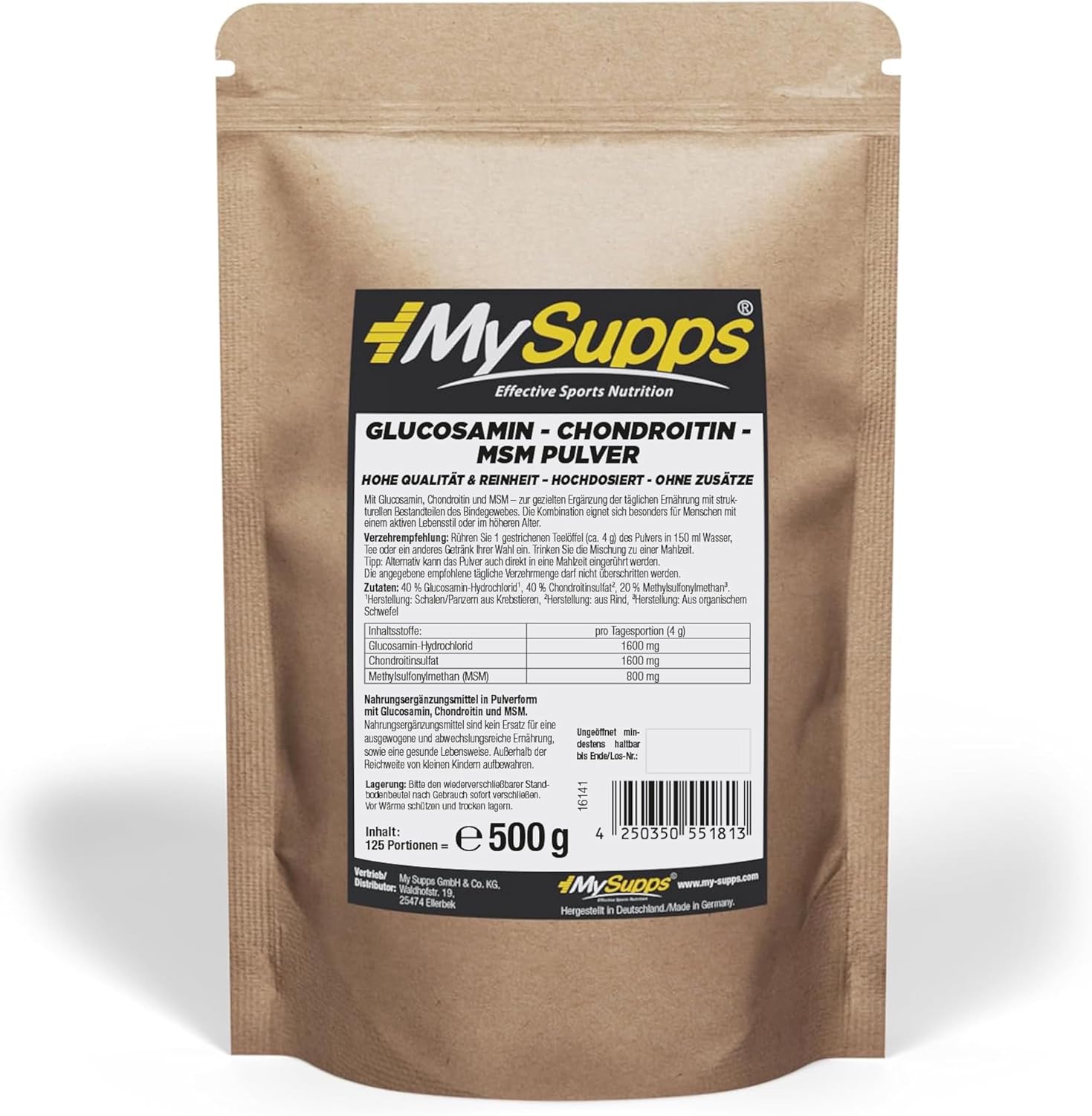 Detalle de My Supps Glucosamin Chondroitin MSM Komplex l 500 g – hochdosiert, neutral löslich, Made in Germany