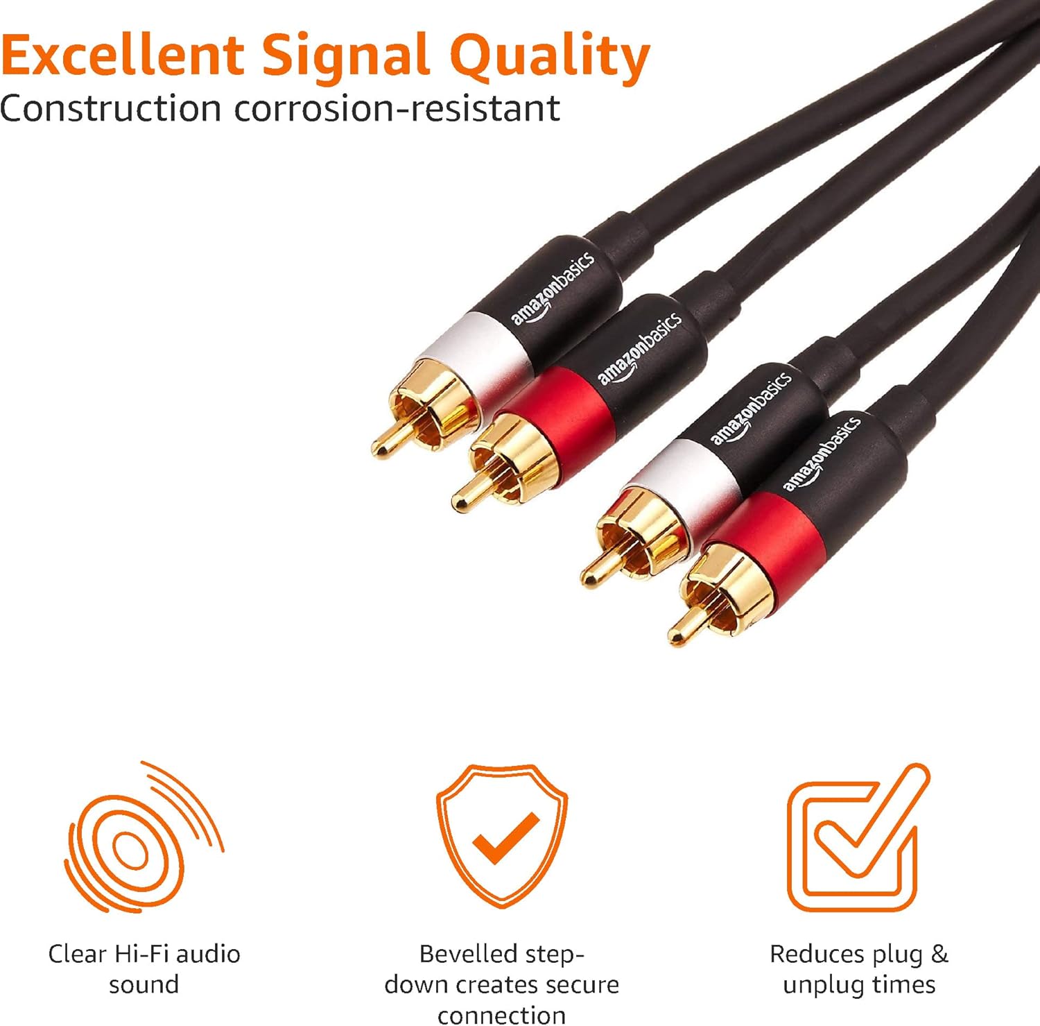 Thumbnail 2 de Amazon Basics 2 RCA audio cable (2.4 m) with gold-plated connectors for amp, active speakers or subwoofer