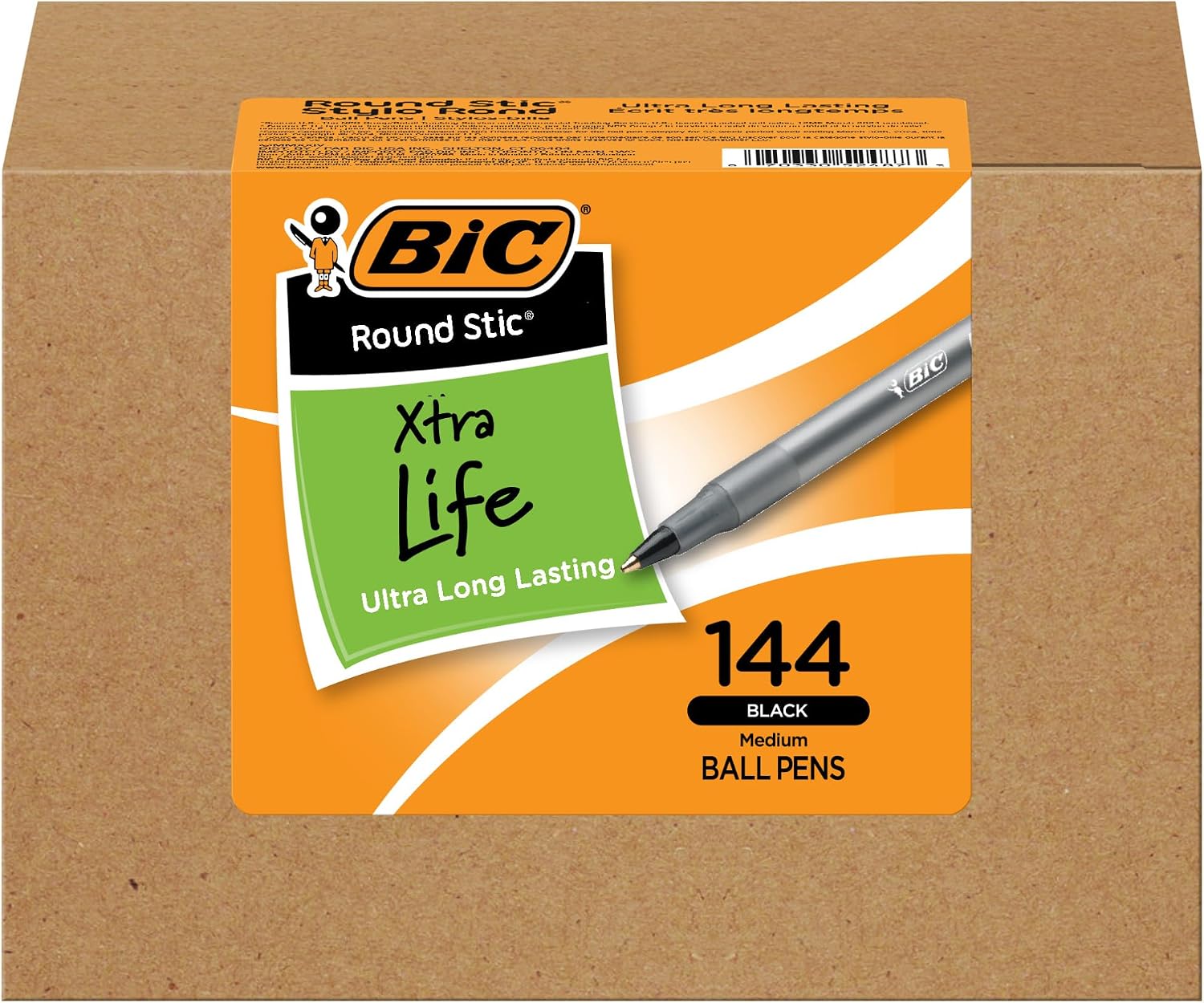 BIC Round Stic Xtra Life Black Ballpoint Pens (144 Pack) — Ultra Long Lasting & Smooth Writing