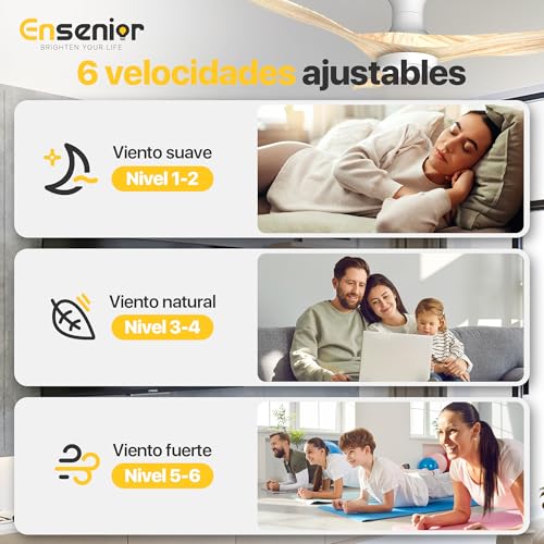 Detalle de Ensenior Ventilador de Techo con Luz Silencioso 126 cm: rendimiento eficiente y luz en 3 colores