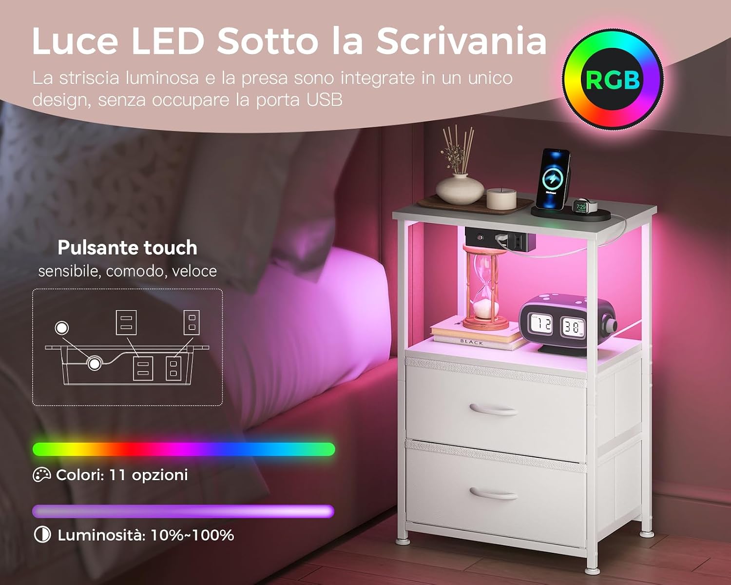 Thumbnail 4 de Coleshome Comodino 40×30×60 cm con LED