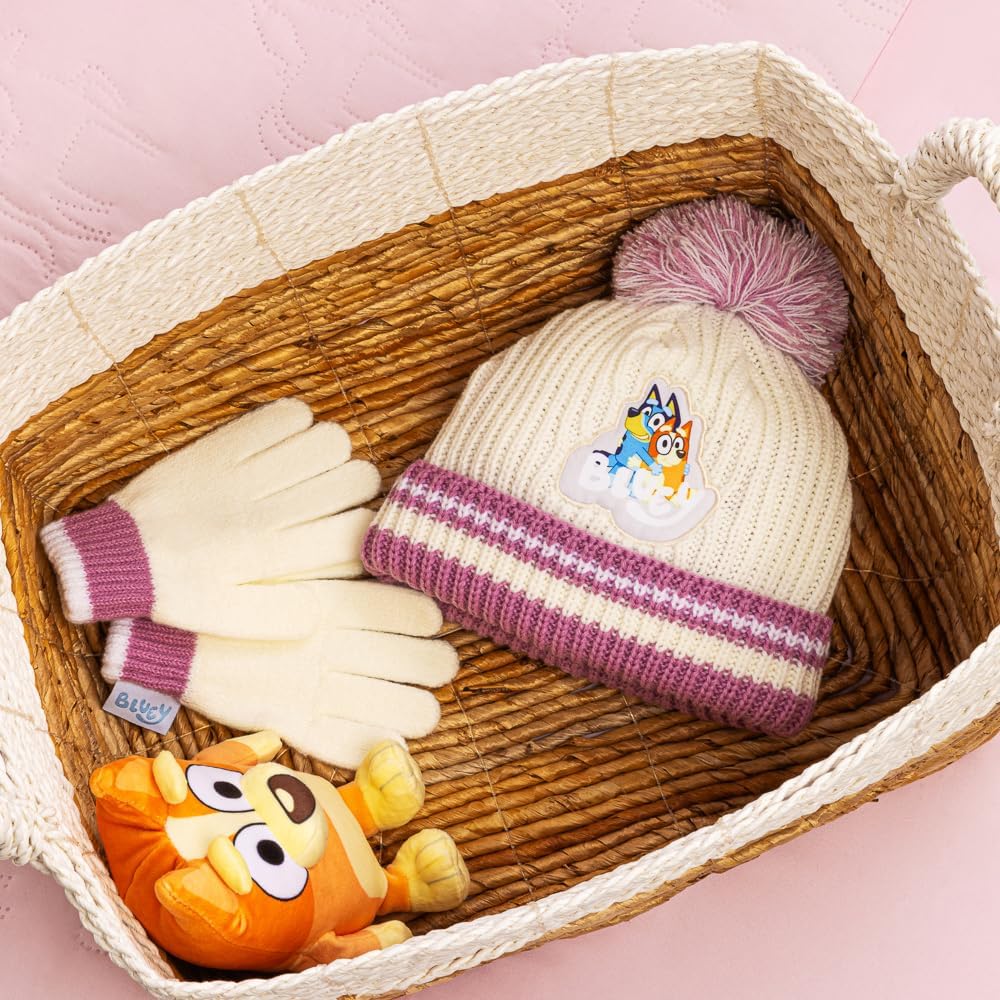 Detalle de Bluey Girls Winter Hat and Gloves Set – Toddler Knit Beanie with Pom Pom and Matching Gloves (One Size)