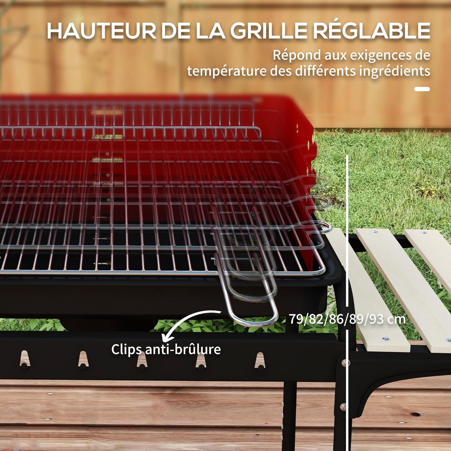Thumbnail 3 de Outsunny barbecue à charbon sur pied avec gril réglable, 2 roues et 3 étagères (103 x 47 x 95 cm) rouge
