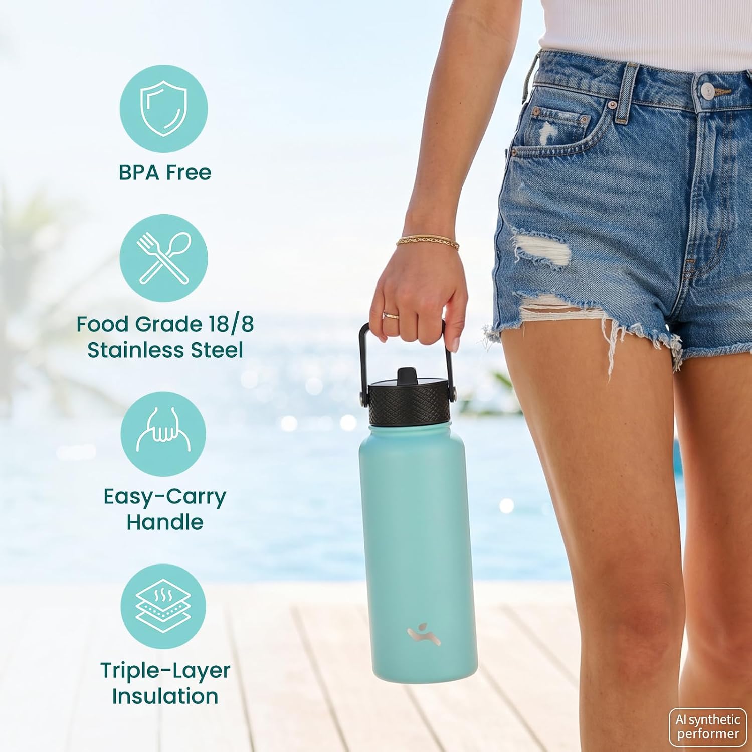 Thumbnail 4 de Konokyo 32 oz Insulated Water Bottle (Stainless Steel) with 3 Lids in Macaron Green