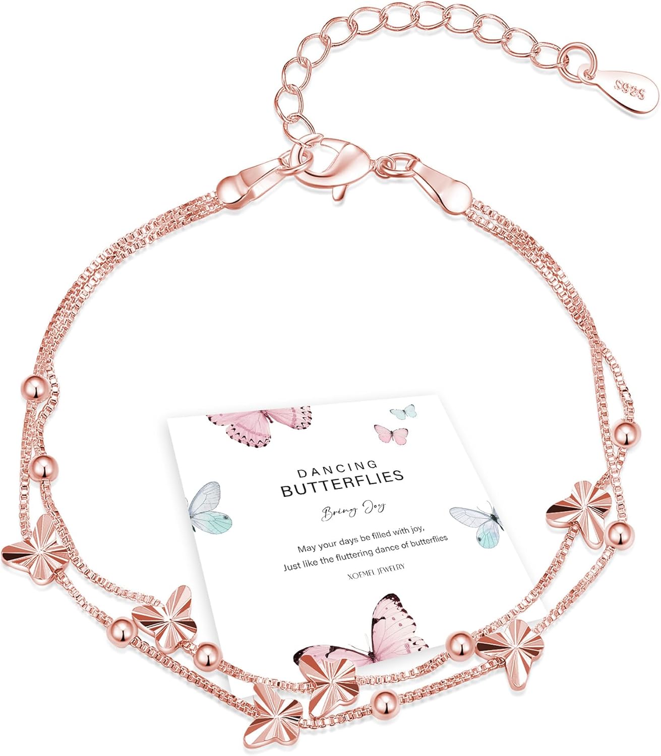Thumbnail 6 de XOEMEL Bracelet en argent 925 pour femme – motif papillons, doré rose et perles, réglable 43 cm
