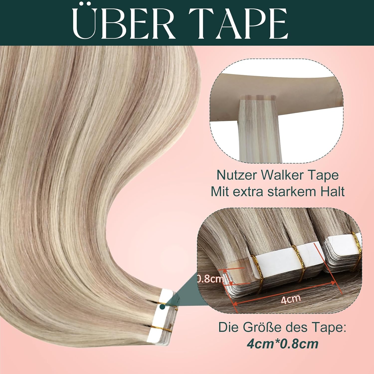 Detalle 2 de Easyouth Tape Extensions Echthaar Blond – Haarverlängerung Aschblond Highlight #P18/613, 20 Stk, 45 cm