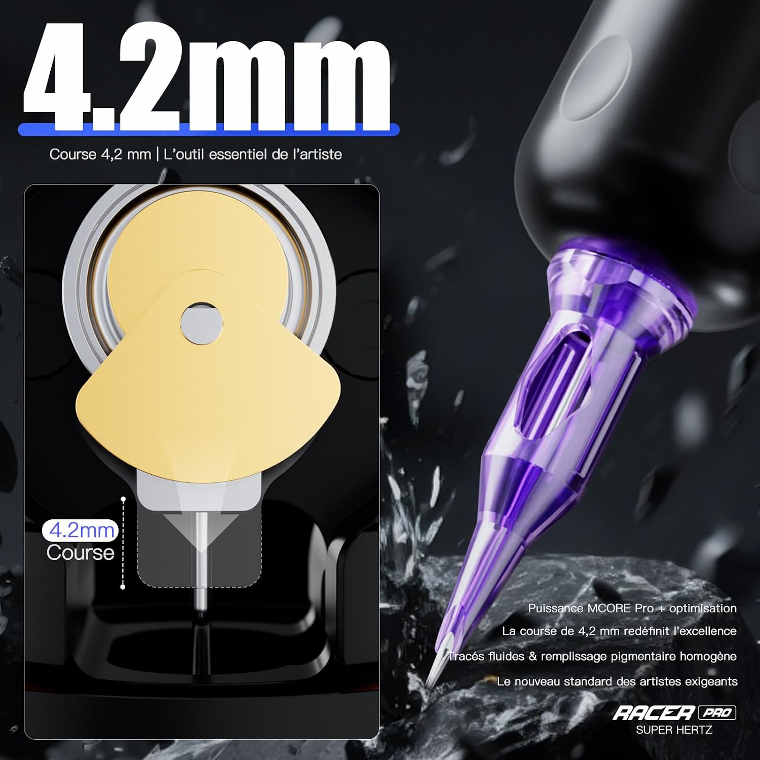 Detalle de MAST TATTOO Mast Racer Pro Kit — machine à tatouer sans fil avec 20 aiguilles, 2 batteries et encre noire