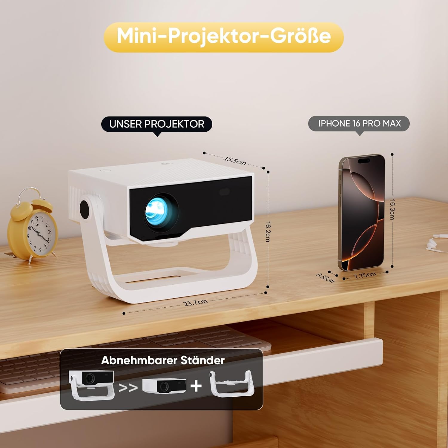 Detalle de Wielio Smart Beamer – kompakter Heimkino-Beamer mit integrierter App, 4K-Unterstützung und flexiblem Ständer
