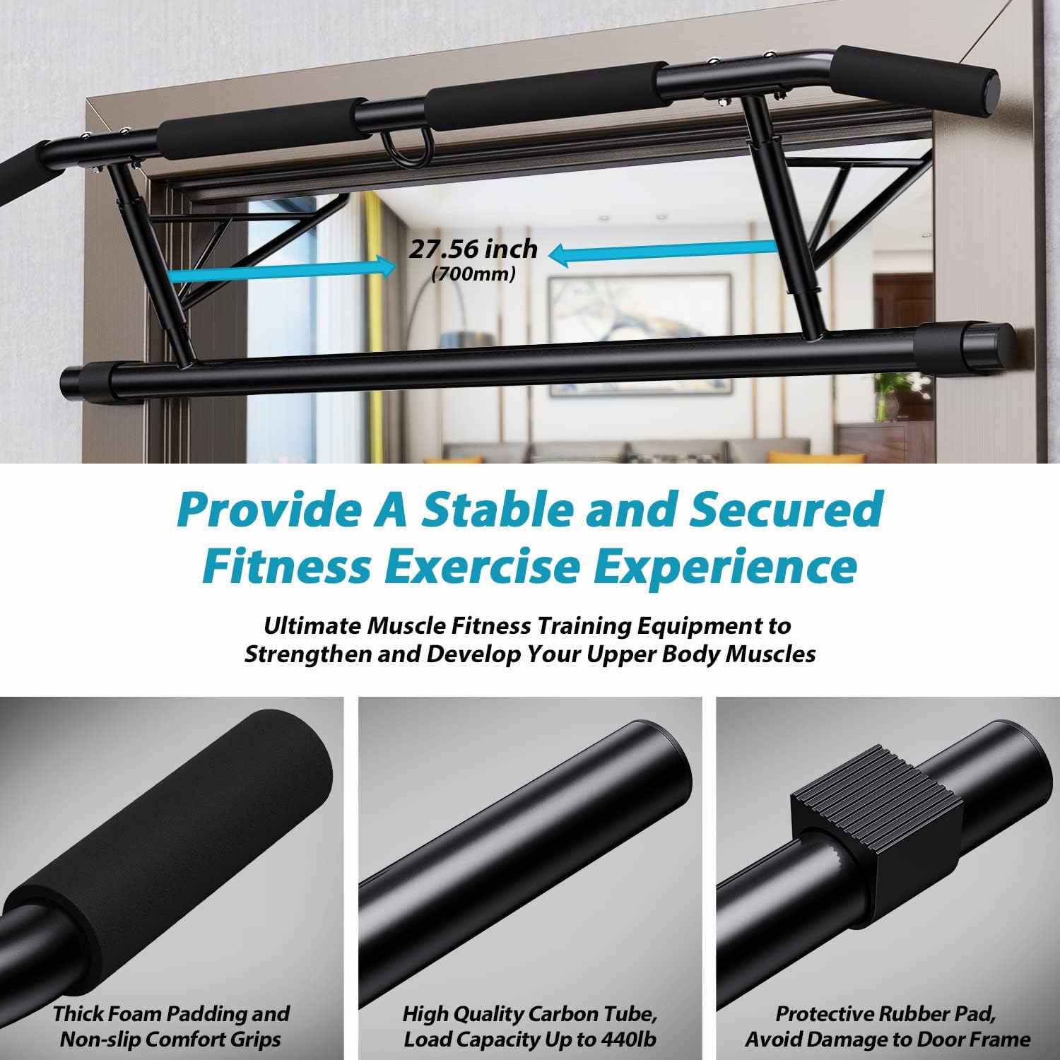 Detalle 2 de JX FITNESS Door Frame Pull Up Bar (Foldable, No Drilling) for Chin-ups at Home