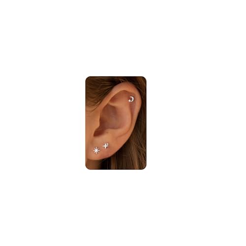 Detalle de HANLI 3Pairs 925 Sterling Silver Star Moon Flat Back Earrings for Women Stud Set