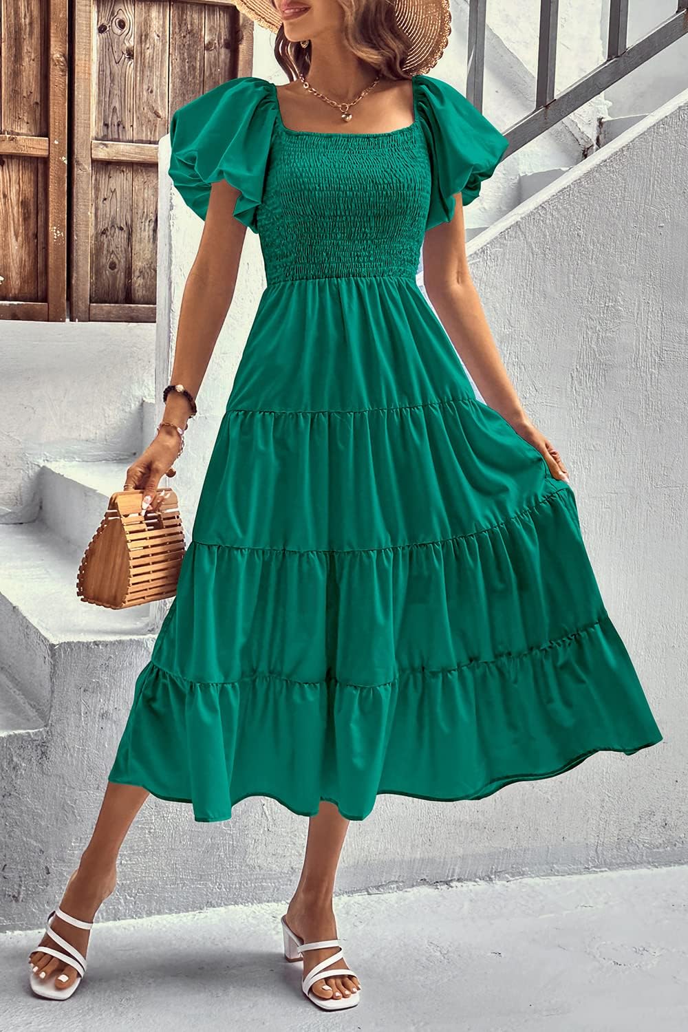 Thumbnail 5 de PRETTYGARDEN Women's Casual Summer Midi Dress with Puffy Short Sleeves, Square Neck, Smocked Tiered Ruffle