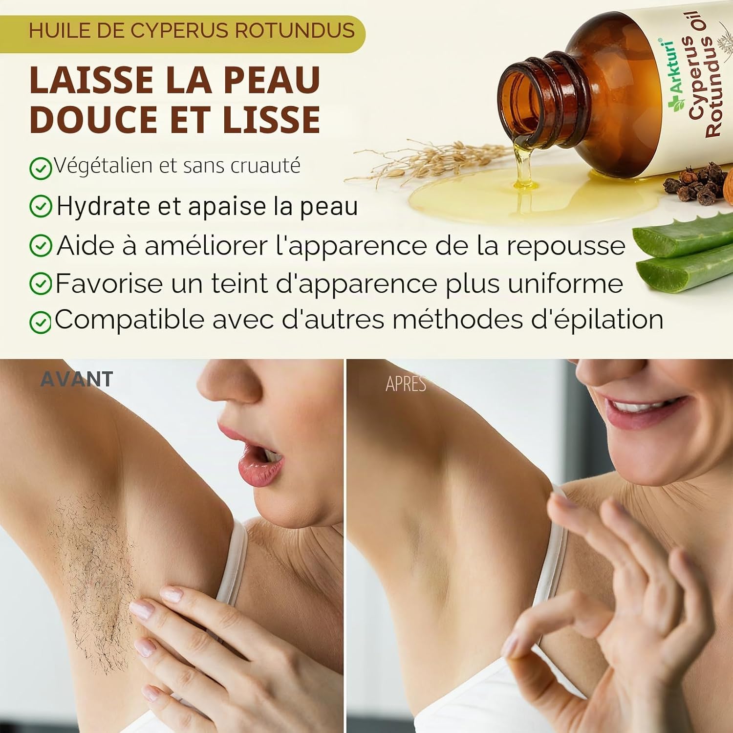Detalle de Huile de Souchet Anti Poils 60 ml – Huile Cyperus Rotundus, épilation douce et hydratante