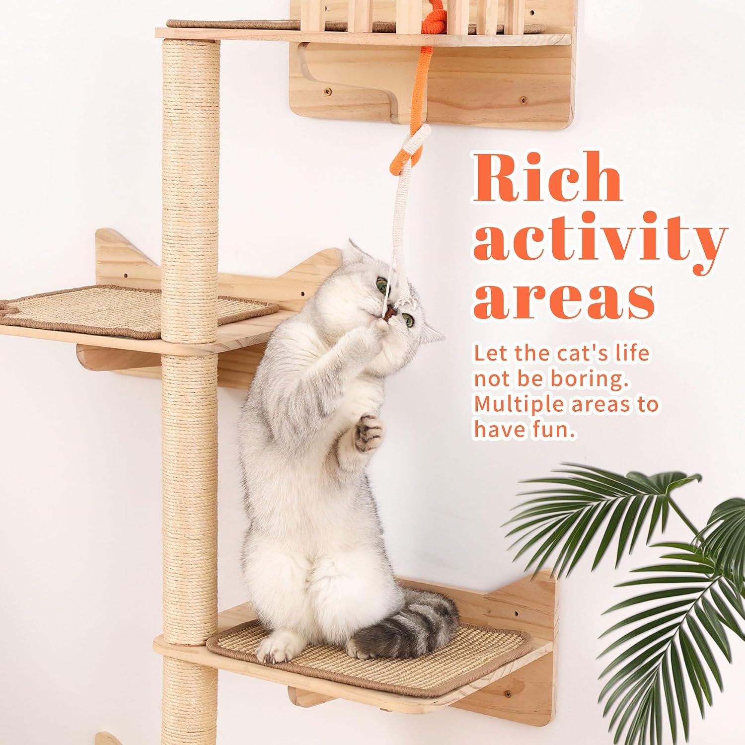 Detalle de MIUZMORE Arbre à chat mural – 7 étagères et perchoirs en sisal pour grimper, gratter et se détendre